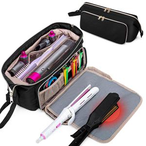 Fasrom Hair Tools Travel Bag With Heat Resistant Mat for Flat Iron, Curling Iron and Straightener, 2 in 1 Dryer Case to Organize Styling Tools, Black (Patent Design)