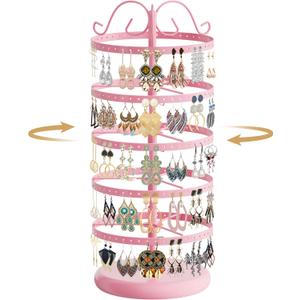 MODOWEY 5 Tiers Metal Rotating Earring Holder Organizer Stand Adjustable Display Tree, 220 Holes Large Carousel Rack for Stud Hoop Pierced Dangling Women, Ideal View for Earrings, Light Pink