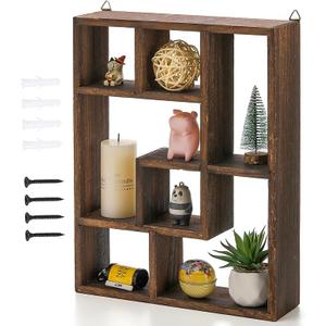 WUWEOT Wood Shadow Box, 15" x 12" Cubes Display Shelf, Freestanding & Wall Mountable Floating Shelves, 7-Compartment Knickknack Display Organizer with Screws for Christmas