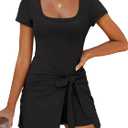 Caracilia Women Summer Short Sleeve Square Neck Bodycon Tie Cinched Waist Romper Mini Dress Athletic Night Out Vacation Dress, Small