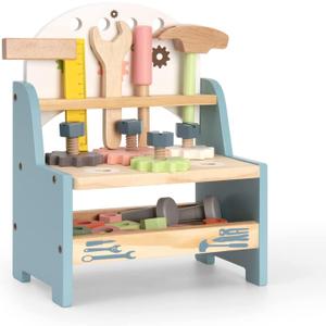 ROBOTIME Tool Bench Set for Toddlers - Mini Wooden Work Bench for Kids, Construction Toys w/Wooden Tools, Educational Pretend Play Gift Building Toy Tools Set for 18 Months 2 3 4 5 Boys Girls