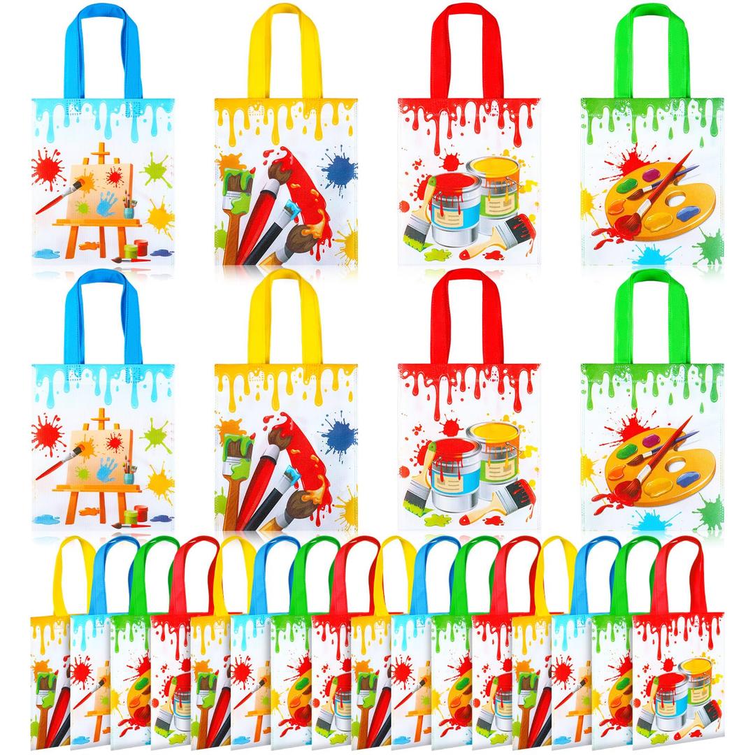Sweetude 24 Pcs Art Party Favors Bags Non Woven Paint Gift Bags with Handles Paint Splatter Party Decorations for Art Birthday Treat Goodies Baby Shower Supplies, 4 Styles, 7.87 x 9.84 in
