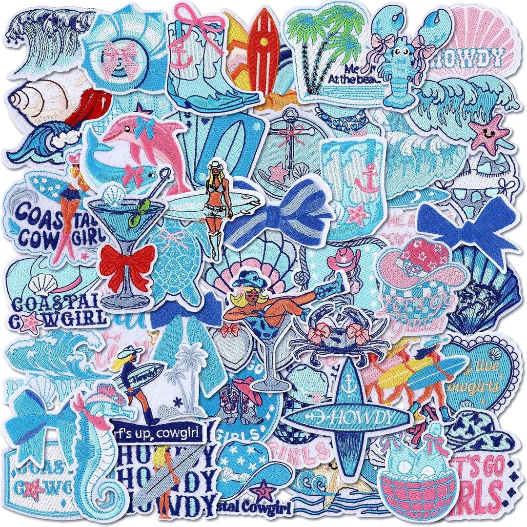 50 Pcs Coastal Cowgirl Iron on Patches for Hats Summer Ocean Embroidered Iron on Blue Patches for Girls Beach Holiday Heat Press Patch for Trucker Hat, Clothes, Jeans, Beach Bags DIY Craft