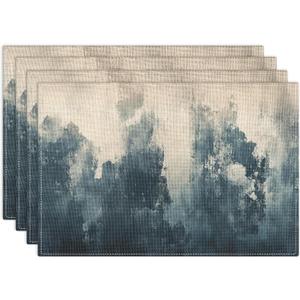 Emvency Farmhouse Placemats Set of 4, Abstract Dark Blue and Beige Vintage Art Painting 12x18 Inch Table Mats for Outdoor Home Party Kitchen Dining Decoration