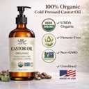 Castor Oil Organic Cold Pressed Unrefined Glass Bottle 100% Pure for Hair Growth Eyelashes Brows Castor Oil Packs, Natural Skin Moisturizer, USDA Certified Hexane Free Vegan 16 oz (473ml)