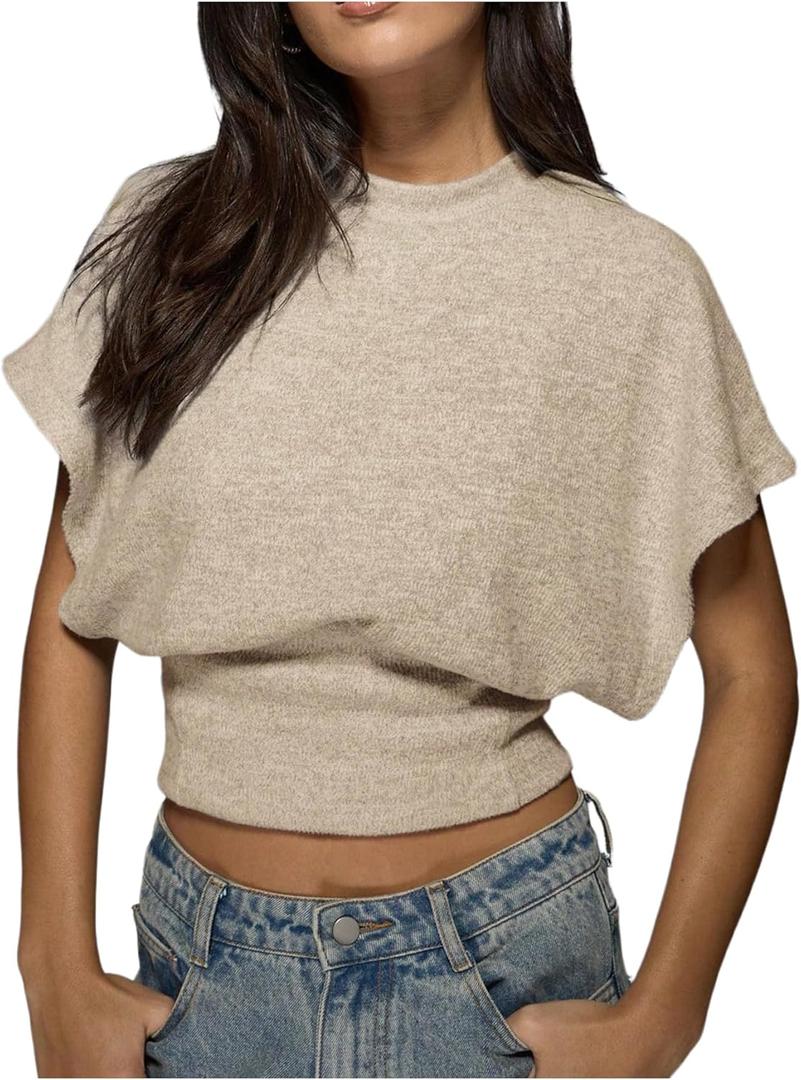 Women's Y2K Dolman Sleeve Tops Cinched Waist Going Out Tops Cap Sleeve Crop Shirt Casual Fall Spring Summer Shirt (Beige)
