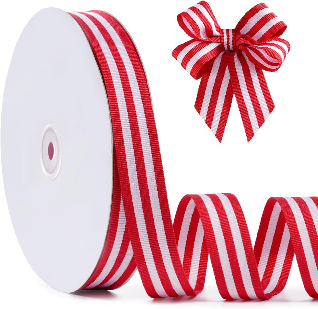 Red and White Striped Grosgrain Ribbon, 1" x 50yds, Double Sided Patriotic Ribbon for American Crafts, Cheerleading Decorations, Independence Day, Christmas Decorations