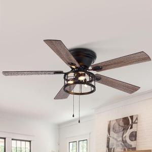52 inch Flush Mount Ceiling Fan with Light Pull Chain, 5 Reversible Blades, Farmhouse Low Profile Crystal Lighting Ceiling Fan Chandelier for Bedroom Living Room