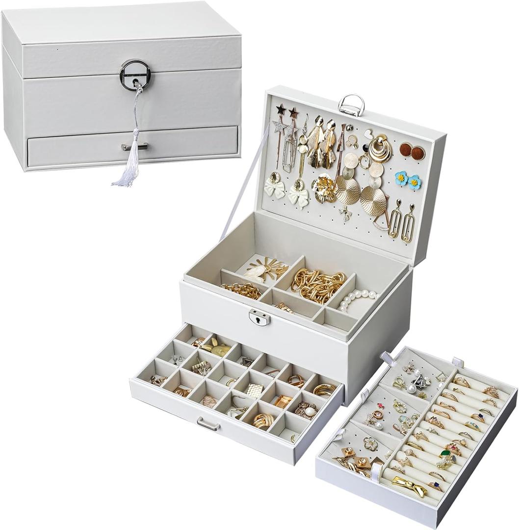 Jewelry Boxes for Women, 5 Layer Large Jewelry Holder Organizer for Necklace, Bracelet, Earrings, Cute Earrings Jewelry Box with Necklace Organizer for Girls (White, 5 Layer)