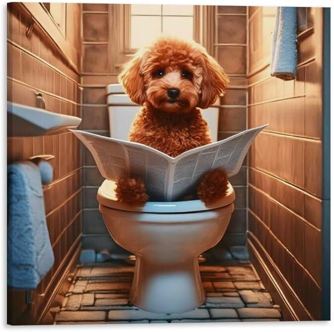 TcnBzydkij Square Canvas Bathroom Decor Poodle Dog Wall Decor Poster Animals Reading Newspaper Theme Bathroom Wall Art Print Toilet Wall Decor Home Gift 12x12inch Framed, style-34
