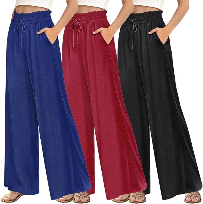 3 Pack Capri Pants for Women Summer Wide Leg High Waisted Lounge Pant Adjustable Drawstring with Pockets 2XL