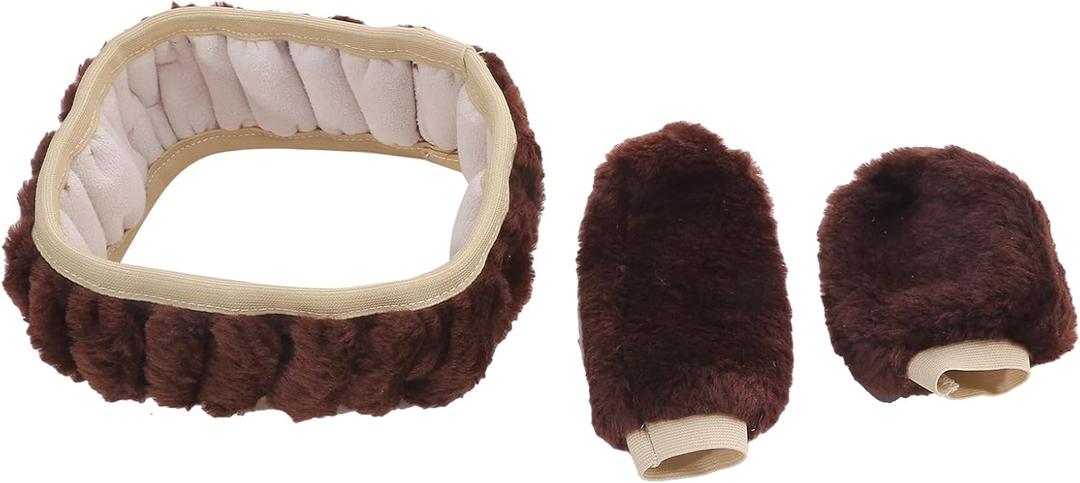 1 Set Winter Plush Car Steering Wheel Cover Warm Furry Handbrake Gear Shift Complete Set(Brown)