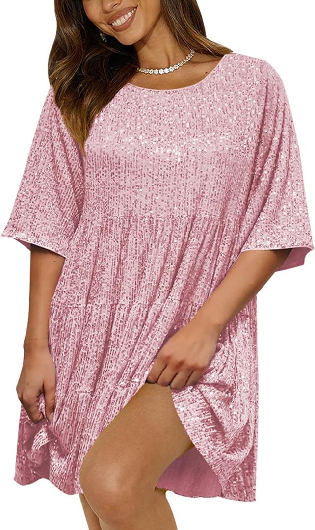 Sequin Babydoll Mini Dress,Sparkly Glitter Dress Short Flowy Tiered Tunic Dress for Women Party Club Night Out (Small, Pink)
