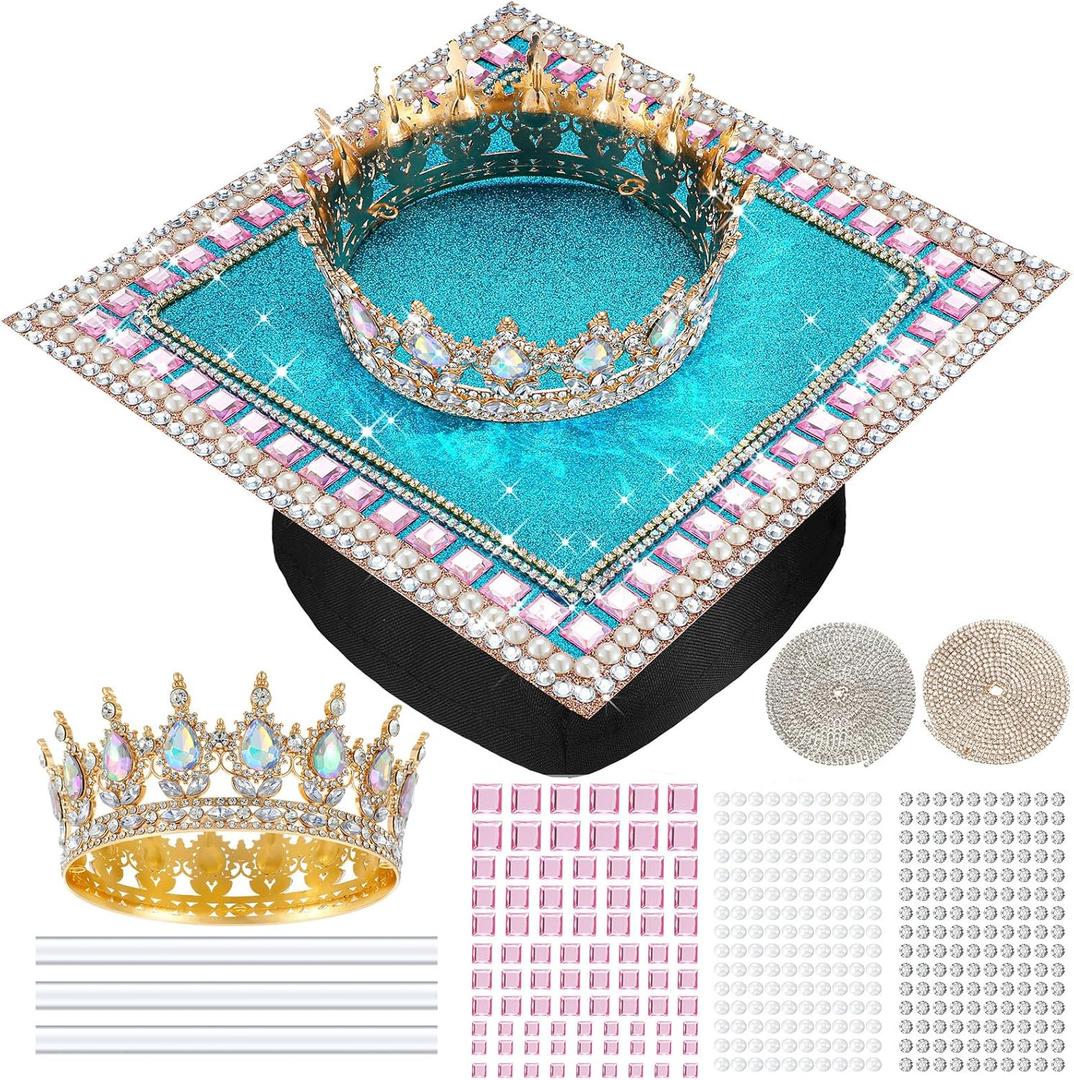 Noveread 13 Pcs DIY Graduation Cap Decorations Kit Graduation Crown for Women Include 1 Crown 2 Rhinestone Necklace 3 Hot Glue Stick 300 Pearl 504 Rhinestone Sticker 4 Crystal Diamond Sticker(Gold)