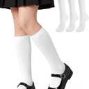 3 Pairs Kids Girls Knee High Socks Cotton Uniform School Dress Socks Seamless Toe (White)