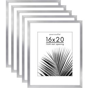 Americanflat 16x20 Picture Frame with Polished Plexiglass - Set of 5 - Use as 11x14 Frame with Mat or Display 16x20 Photo Without Mat - Galleria Collection - Picture Frames for Wall Display - Silver