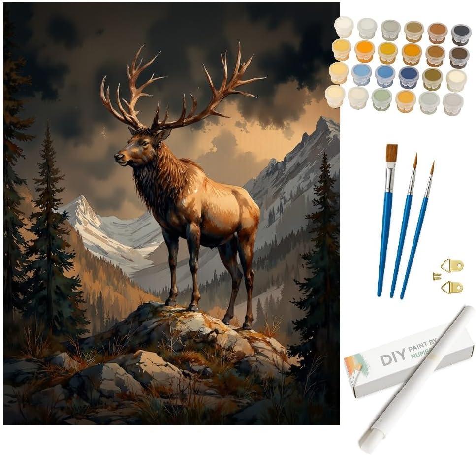 Wildlife Paint by Numbers Kit for Adults - DIY Elk on Mountain Cliff Painting on Rolled Canvas 16x20 Inches, Acrylic Paint Set, Suitable for Beginners, Nature Art for Home Decoration or Gifts