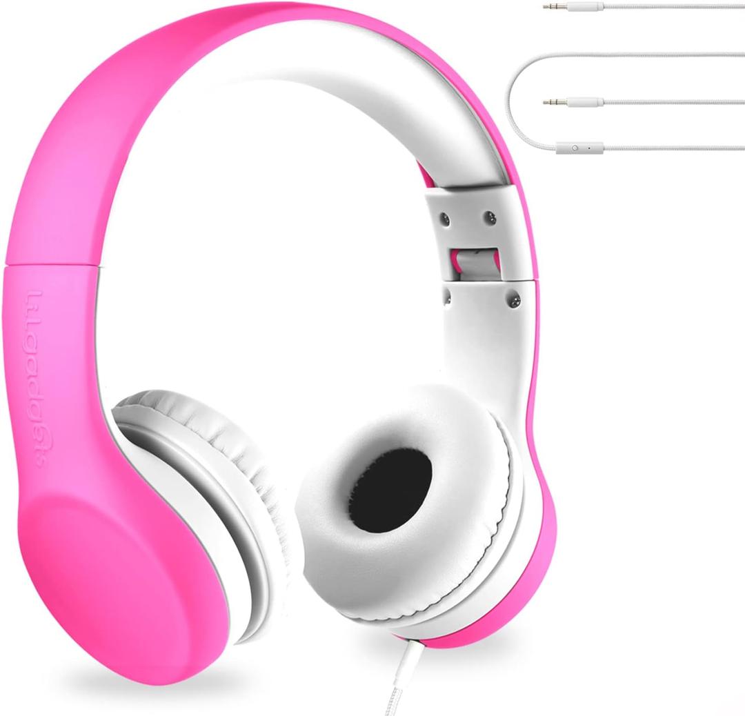 LilGadgets Connect+ Foldable Headphones, Adjustable Fit Soft Touch Padding for Kids with Mic, Volume-Limited & Noise Reduction On-Ear Wired Headset for School with Share Port - Pink, Ages 3-14