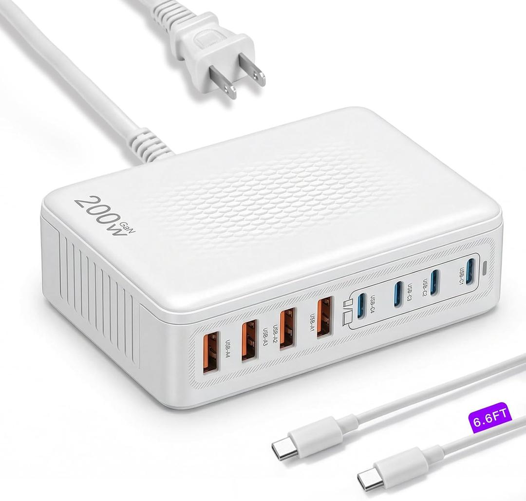 200W USB C Charger Block GaN III, Upgraded 8-Port Fast Charging Station + 6.6Ft 3A Cable, PD 65W Laptop Charger Adapter Compatible with iPhone 17/16/15/14, MacBook Pro/Air, iPad, Galaxy S25/S24