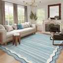 Lahome Estelle Scalloped 8x10 Area Rugs for Living Room, Washable Soft Blue Rug for Bedroom, Abstract Modern Non Slip Low Pile Indoor Carpet for Dining Room Home Office (Blue,8x10)