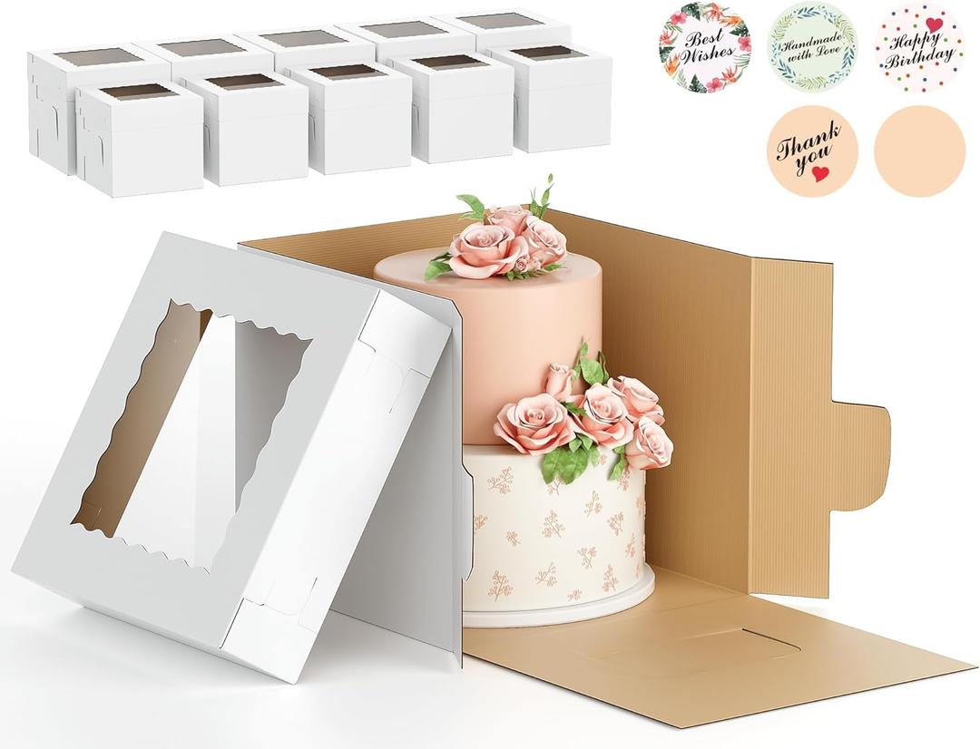 10Pcs Corrugated Cake Boxes in 2 Sizes  12x12x12 & 10x10x10 Inch Tall Cake Box with Window, Thick Bakery Dessert Boxes, Disposable Cardboard Cake Carrier for Layer Cakes, Birthday, Wedding, Party