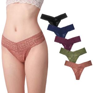 Luna & Sun Women Lace Underwear Soft Sexy Thongs (Small, Avocado, Wood, Burgundy, Navy, Black (5pcs))
