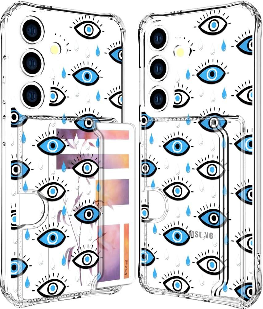 Compatible with Samsung Galaxy S24 / S25 Case Card Holder for Women Cute Design,Wallet Phone Cases Transparent Cool Kawaii Protective (Clear Blue Evil Eyes)