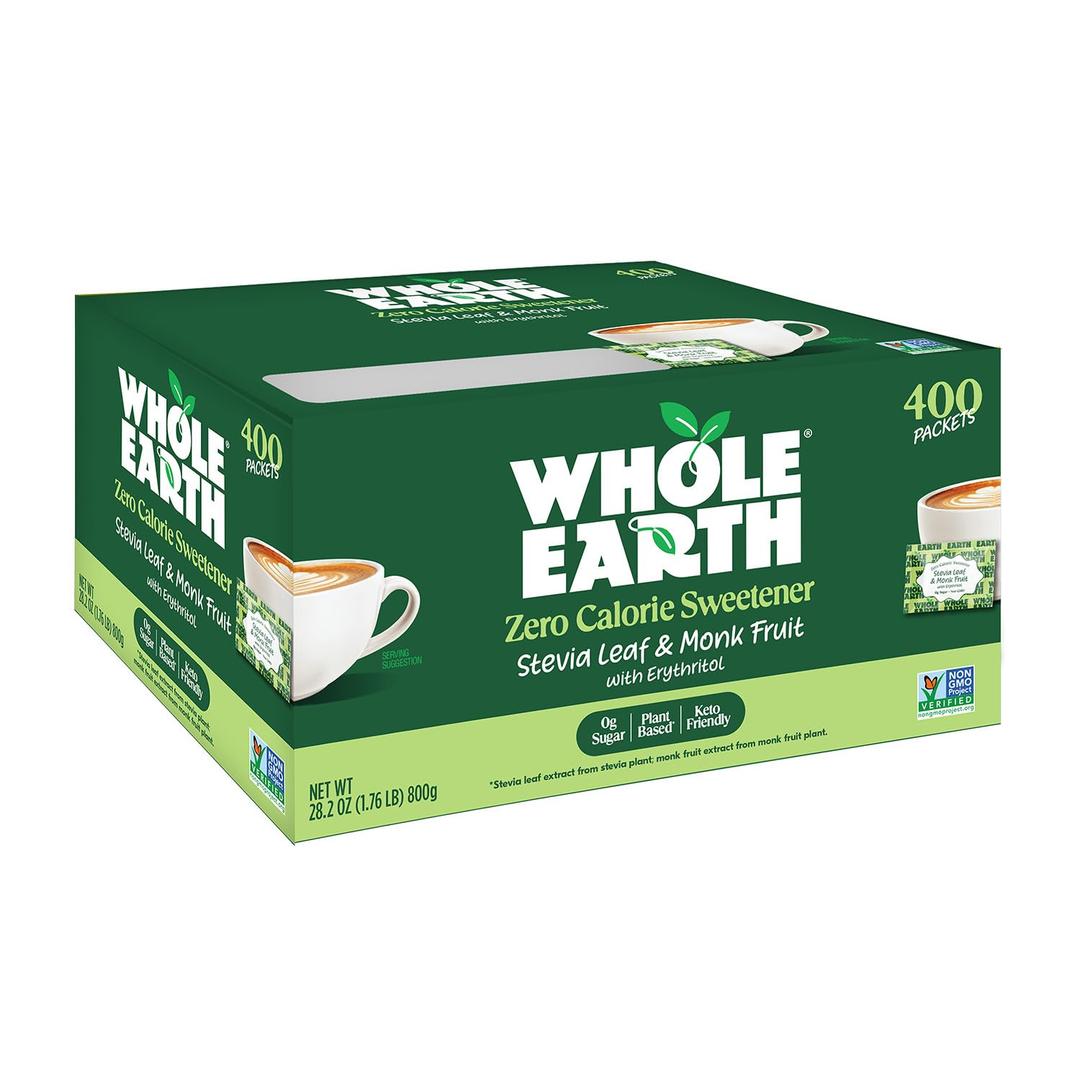 Whole Earth Sweetener Co. Stevia & Monk Fruit Sweetener, Erythritol Sweetener, Stevia Packets, Sugar Substitute, Natural Sweetener, 400 Count, Best By: 09/08/26
