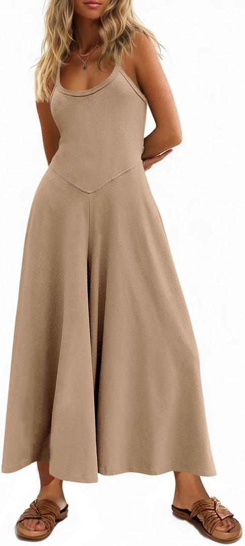 Cicy Bell Womens Casual Wide Leg Jumpsuits Summer Spaghetti Strap Sleeveless Cut Out Loose Long Pant Rompers with Pockets (Beige, L)