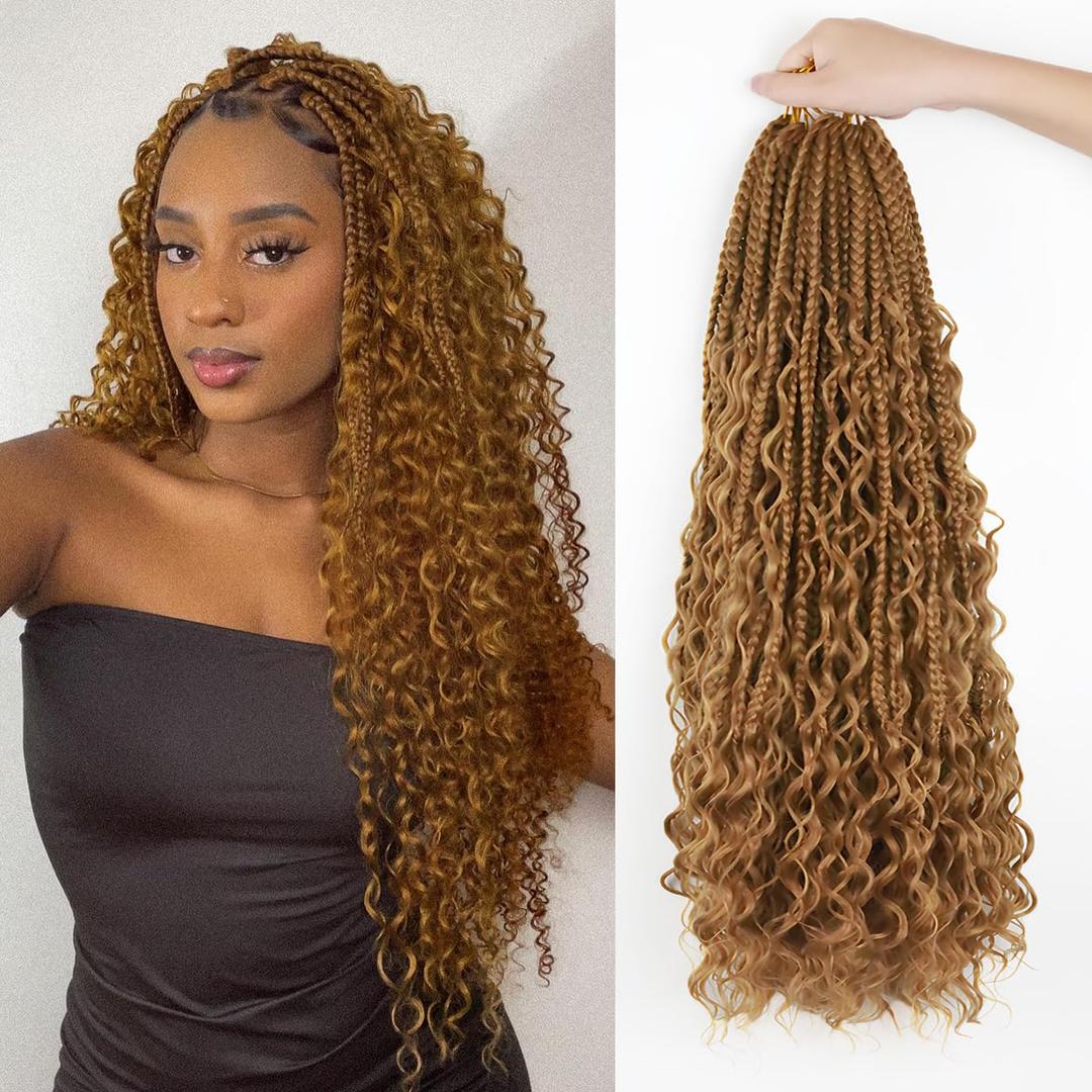 Goddess Box Braids Crochet Hair 18 Inch Bohemian Crochet Braids with Curly Ends 9 Packs Boho Box Braid with Human Hair for Black Women (18Inch, 1B)