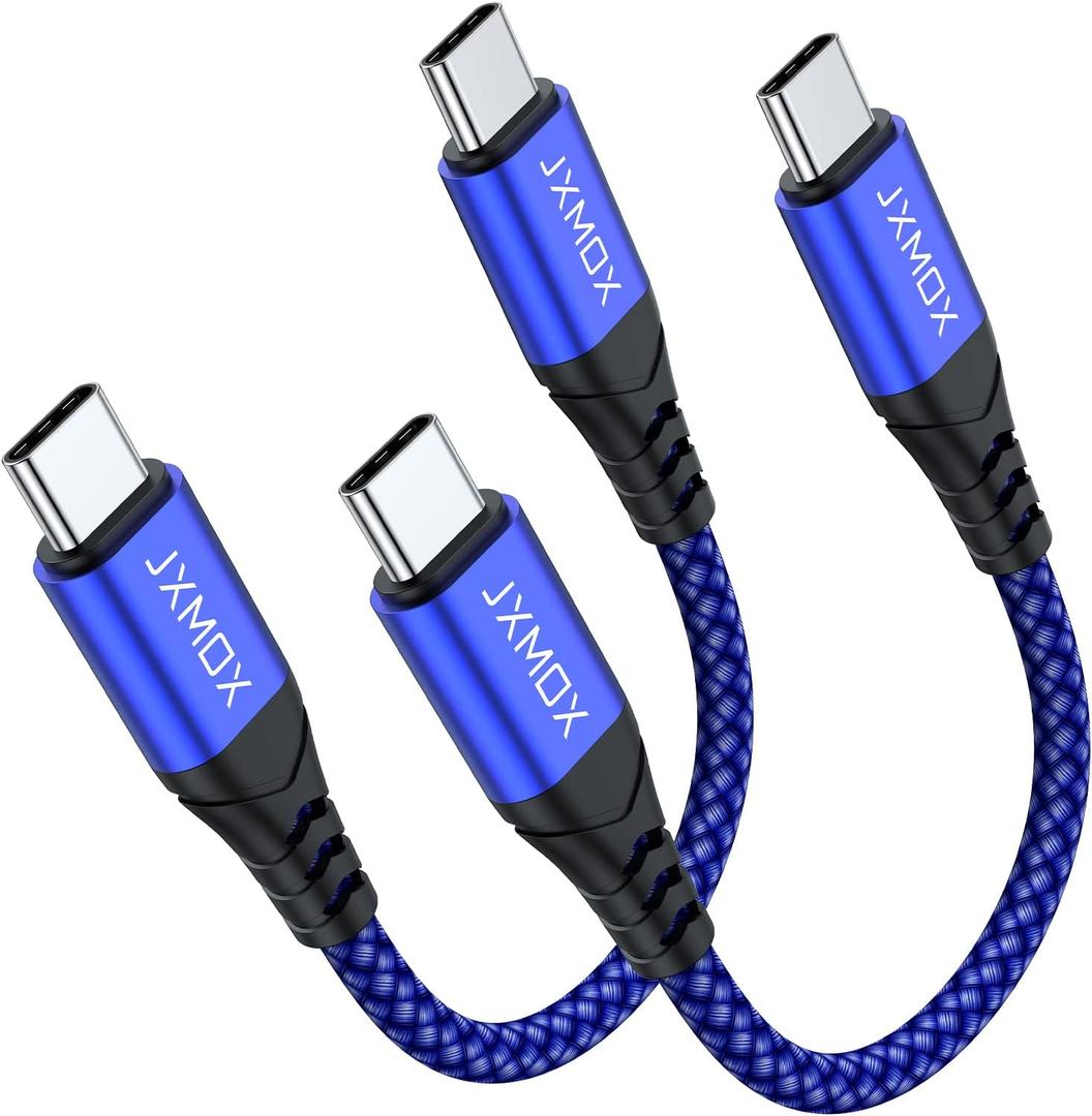 4 x JXMOX Short USB C to USB C Cable 60W, (2 Pack 0.5ft) Type C Fast Charging Cord Charger Cable Compatible with iPhone 16 Pro Max/15 Pro Max, Samsung Galaxy S23 S22+ S21 Ultra, Note 20, iPad Pro (Blue)