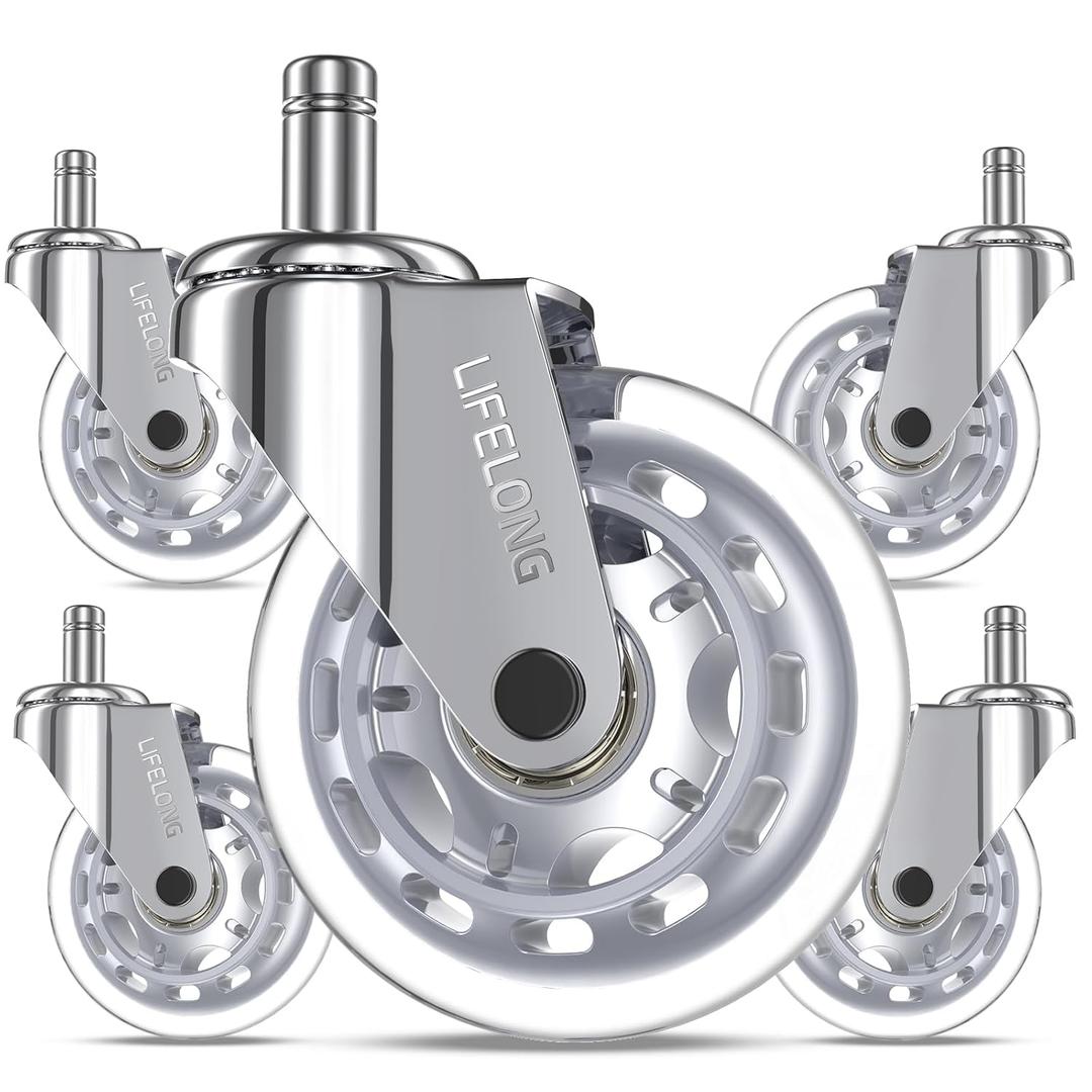 Lifelong Office Chair Wheels Replacement Rubber Chair Casters Safe for Hardwood Floors and Carpet, Set of 5, Heavy Duty Casters for Chairs Desks to Replace Office Chair Mats - Fits 98%