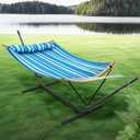 SUPERJARE Hammock with Stand, 2 Person Heavy Duty Hammock with Padded Cotton, Detachable Pillow & Strong Curved-Bar & Portable Carrying Bag, Perfect for Outdoor & Indoor, Blue Stripe