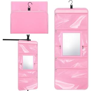 Hanging Toiletry Bag with Mirror for Men Women Travel Kit Large Foldable Beauty Dance Makeup Bag Organizer Storage Waterproof Roll up Cosmetic Case Accessories for Bathroom Shower (Pink)