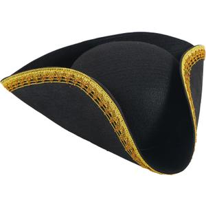 Spooktacular Creations Black Pirate Hat, Colonial Tricorn Hat with Gold Trimming for Adults, Halloween Renaissance Costume Accessory for Revolutionary War RolePlay Party