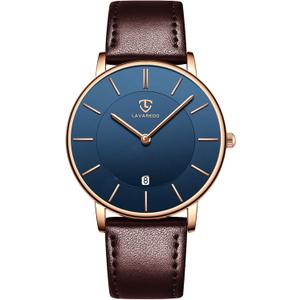 L LAVAREDO Watch for Men, Extremely Thin Mens Watches Minimalist Analog Men's Leather Wrist Watches with Time/Date, Birthday Gift for Men Boyfriend