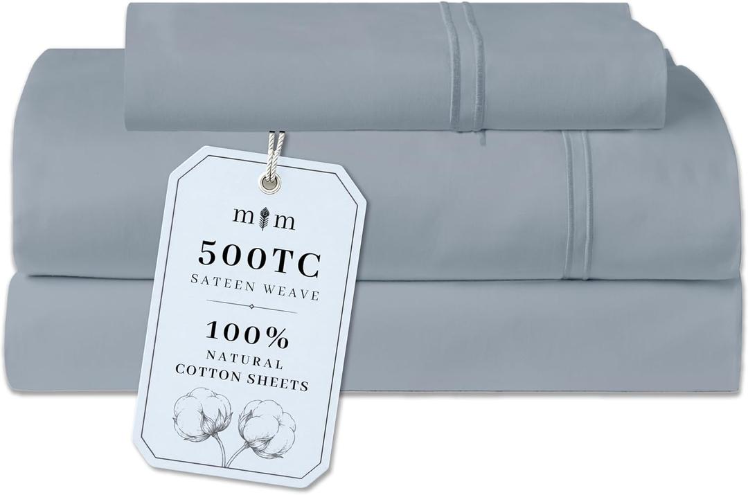 Twin Sheet Set, 500 TC Single-Ply Cotton Sateen, 3-Piece, Dusty Blue | 18-Inch Deep Pocket Design Stays Secure while 100% Natural Cotton Feels Soft, Smooth and Breathable through Every Season