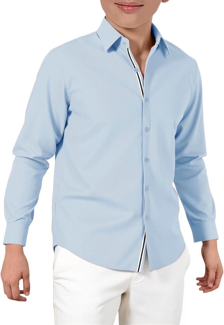 Haloumoning Boys Long Sleeve Dress Shirts Kids Solid Casual Button Down Uniform Shirts 5-14 Years (11-12 Years, Sky Blue)
