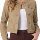 Allegra K Women's Denim Jacket Collarless Round Neck Button Down Long Sleeve Jean Jackets (Brown, S)