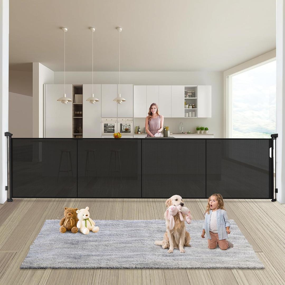 Retractable Baby Gates Dog Gate - 200" Extra Wide Expandable Child Safety Gate, 37" Tall Toddler Pet Mesh Gate with Reinforced Strips for Doorways, Stairs, Hallways, Outdoor & Indoor Large Openings (Black)