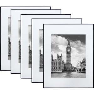 GOmaize Front Loading Black Picture Frame Set of 5,Display pictures 8x10 with mat or 11x14 without mat,Wall and Table Mounting