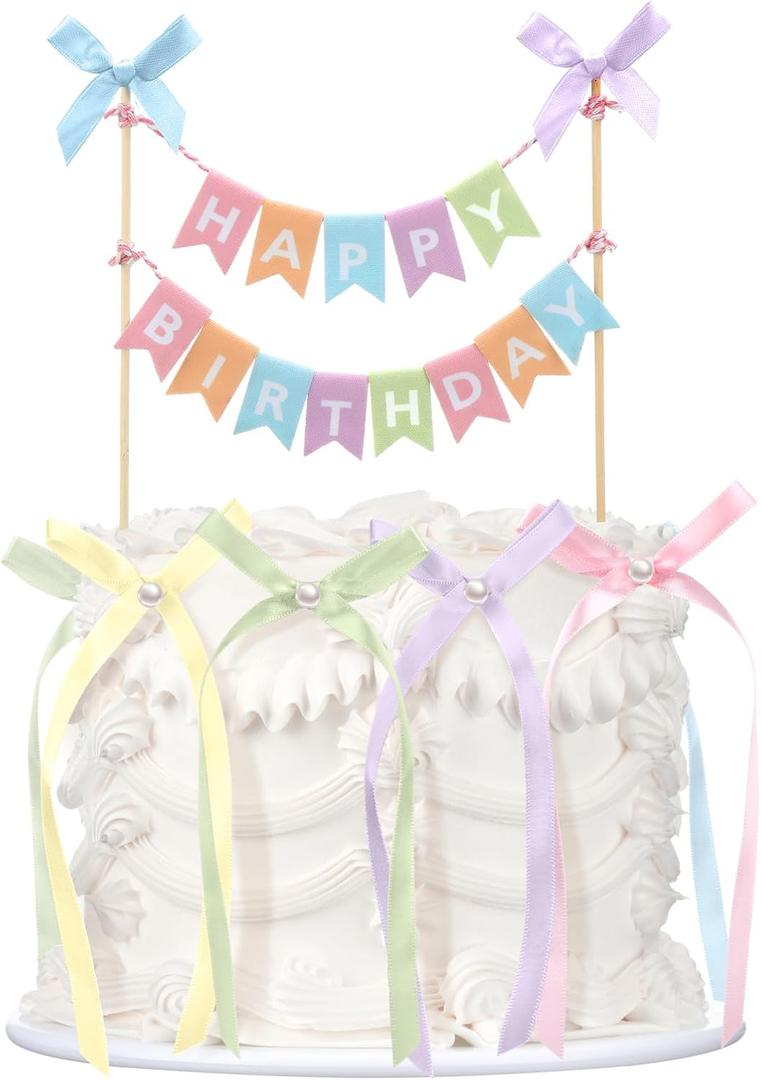 Honeydak 11 Pcs Pastel Bow Ribbon Cake Topper Happy Birthday Cake Bunting Topper with Wood Pole Handmade Pennant Flags with Bows Ribbon for Birthday, Bridal Party Decoration
