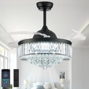 42'' Fandelier Ceiling Fans with Light, Chandelier Ceiling Fan, Retractable Crystal Ceiling Fan for Bedroom, Living Room, 3 Color Change, LED Dimmable, 6 Speeds, Reversible DC Motor-Black