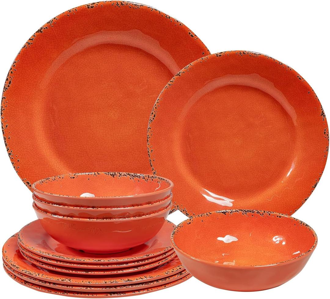 Rustic Melamine Dinnerware Sets, Farmhouse Dishes Set for 4, Lightweight 12 Piece Kitchen Plates and Bowls Set for Indoor and Outdoor Use, Dishwasher Safe, Orange