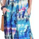 Arolina Women's Summer Maxi Dress Short Sleeve V Neck Casual Loose Long Beach Split Dresses with Pockets Size XL (Floral Blue)