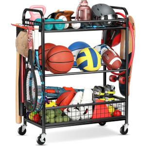 Ball Storage Sports Equipment Organizer - Garage Storage Cart Rolling Ball Storage Rack with Hooks Wheels Outdoor Indoor Gym Gear Toy Holder Bin for Basketball, Baseball, Soccer