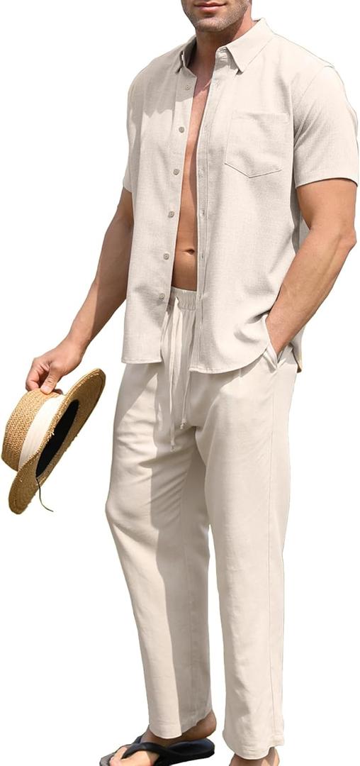 URRU Men’s 2 Piece Linen Outfit Summer Beach Short Sleeve Button Down Shirt and Pants Set, Khaki, Size: L