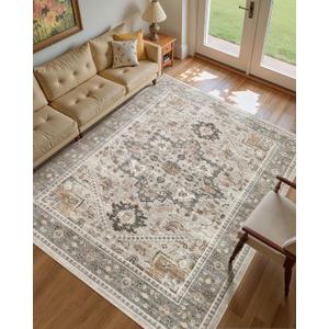 9x12 Vintage Area Rug: Washable Neutral Soft Non Slip Thin Large Floor Carpet for Living Room Bedroom Kitchen Dining Room Home Office Farmhouse Indoor - Taupe