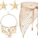 4 Pcs Summer Mermaid Costume Women Beach Crochet Skirt Sarong Swimsuit Cover up Shell Necklace Hair Clip (Khaki)