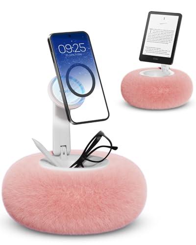Viozon Phone Holder for Bed, Magnetic Pillow Stand, Compatible with 4-7" Phone/Kindle with Small Storage, Removable Suction Base for Stability, Idea for Kindle Reading and Video Watching On Bed,Pink